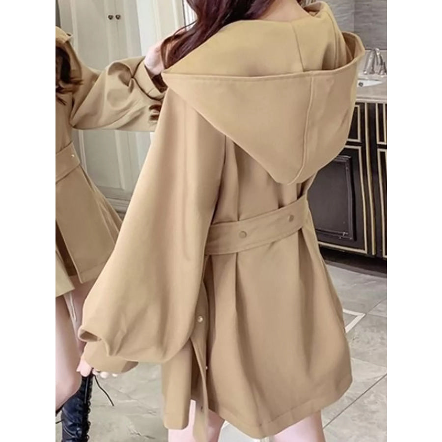 Lantern Sleeve Hooded Outerwear with Belted Waist Apparel and Accessories