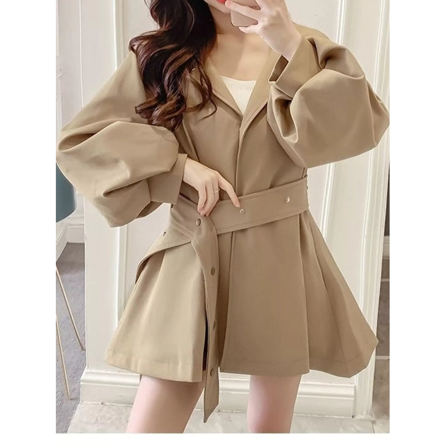 Lantern Sleeve Hooded Outerwear with Belted Waist Apparel and Accessories