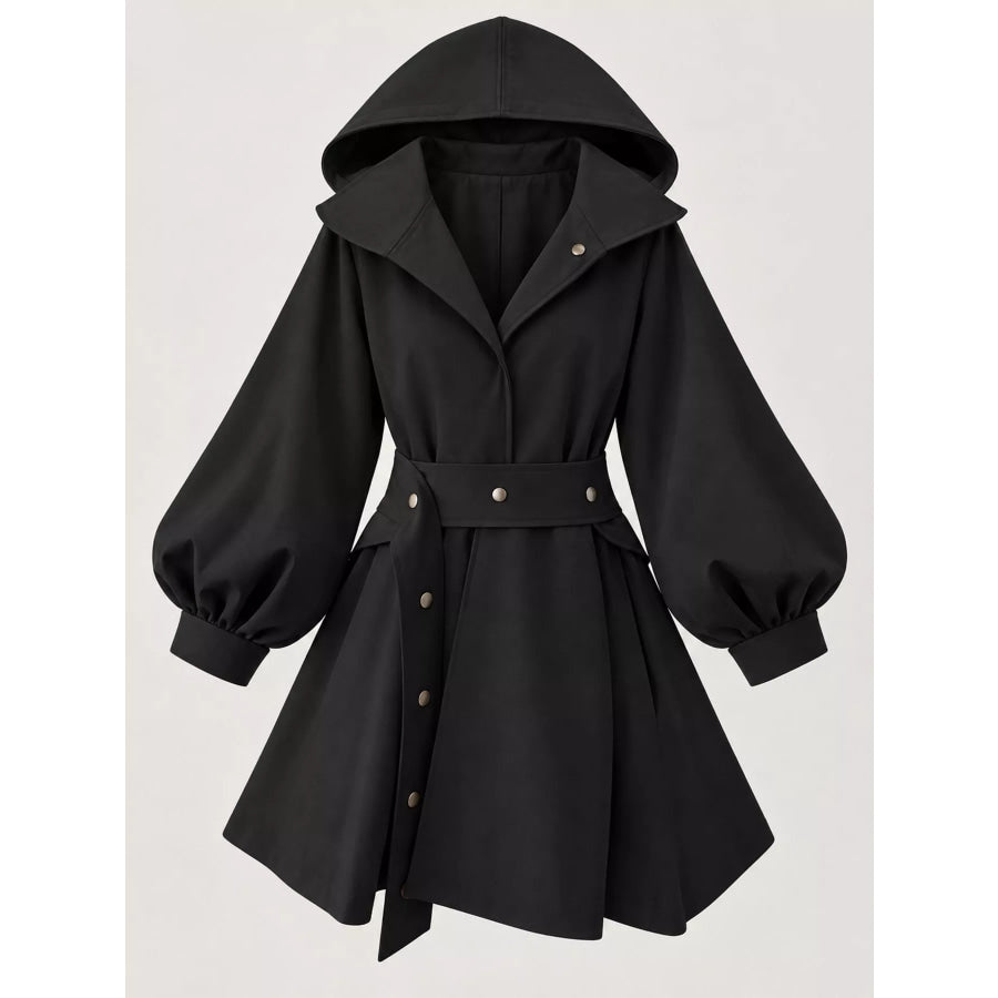 Lantern Sleeve Hooded Outerwear with Belted Waist Apparel and Accessories