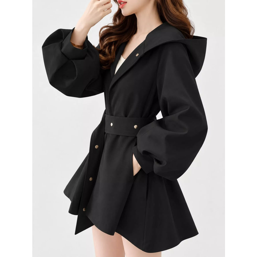 Lantern Sleeve Hooded Outerwear with Belted Waist Apparel and Accessories