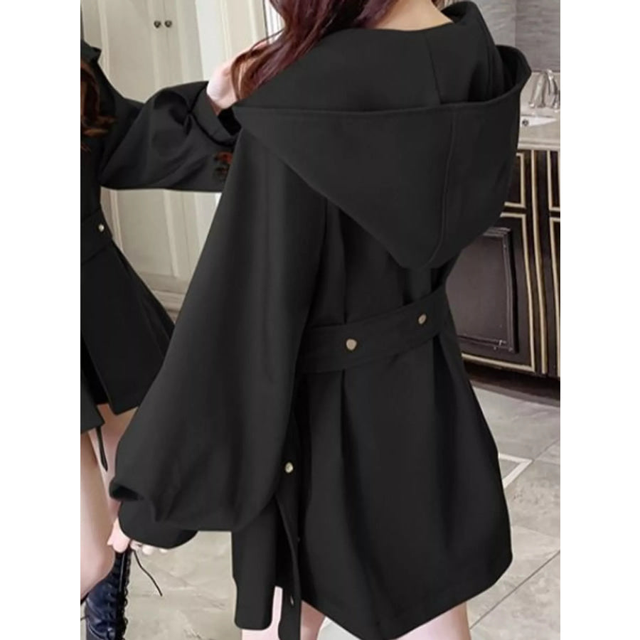 Lantern Sleeve Hooded Outerwear with Belted Waist Apparel and Accessories