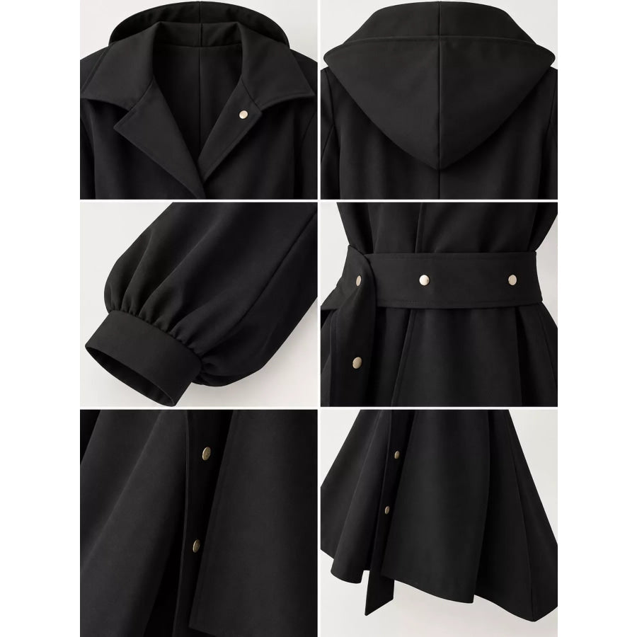 Lantern Sleeve Hooded Outerwear with Belted Waist Apparel and Accessories