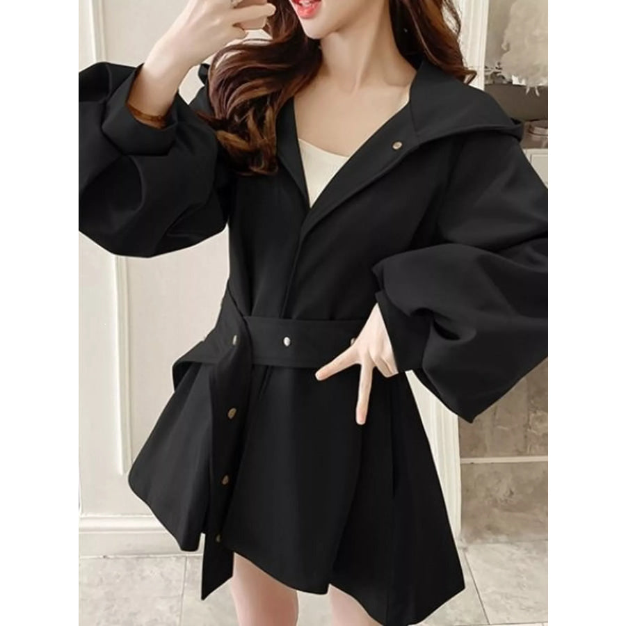 Lantern Sleeve Hooded Outerwear with Belted Waist Black / S Apparel and Accessories