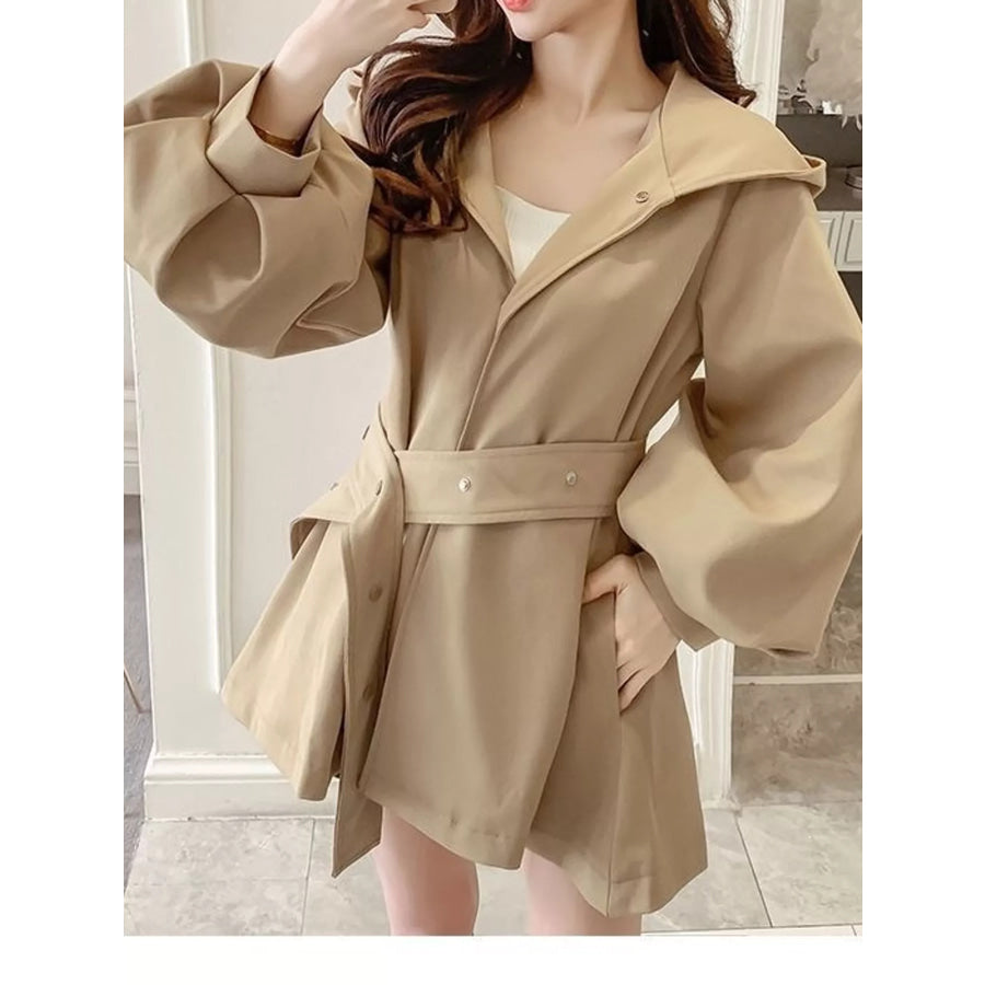 Lantern Sleeve Hooded Outerwear with Belted Waist Khaki / S Apparel and Accessories