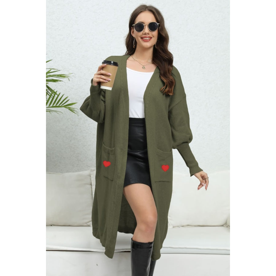 Lantern Sleeve Open Front Pocketed Cardigan Army Green / One Size