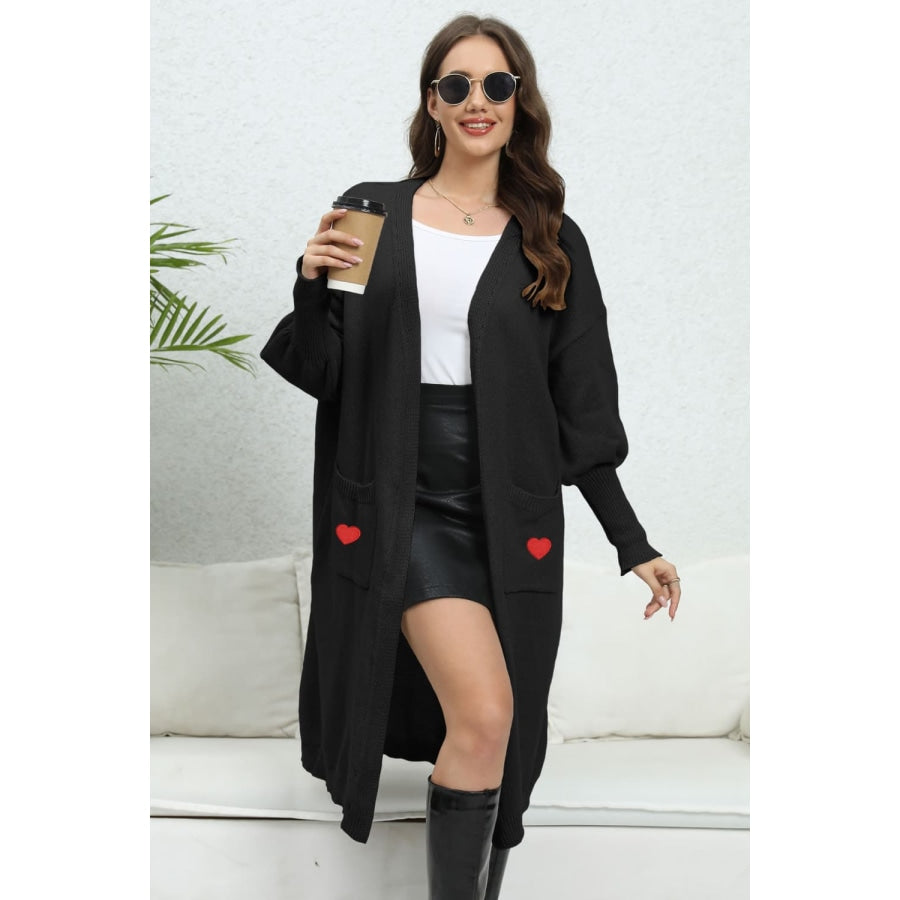 Lantern Sleeve Open Front Pocketed Cardigan Black / One Size