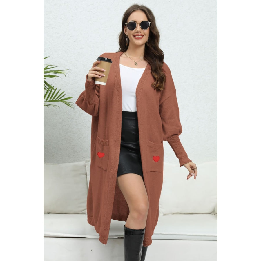 Lantern Sleeve Open Front Pocketed Cardigan Chestnut / One Size