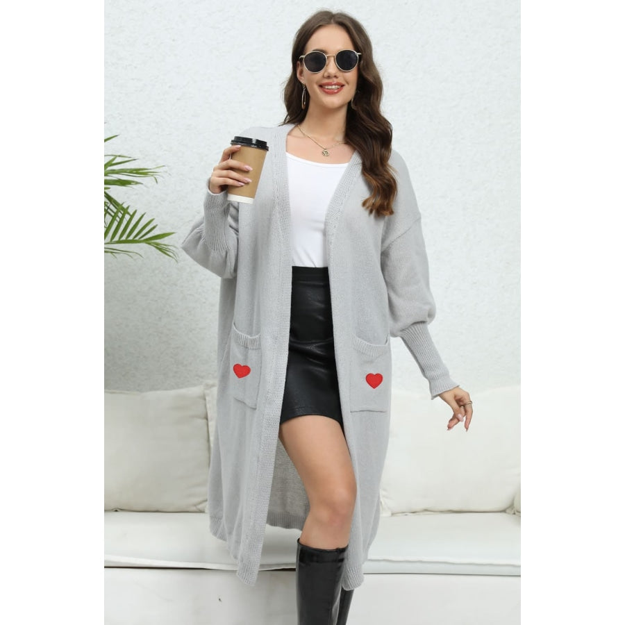 Lantern Sleeve Open Front Pocketed Cardigan Light Gray / One Size