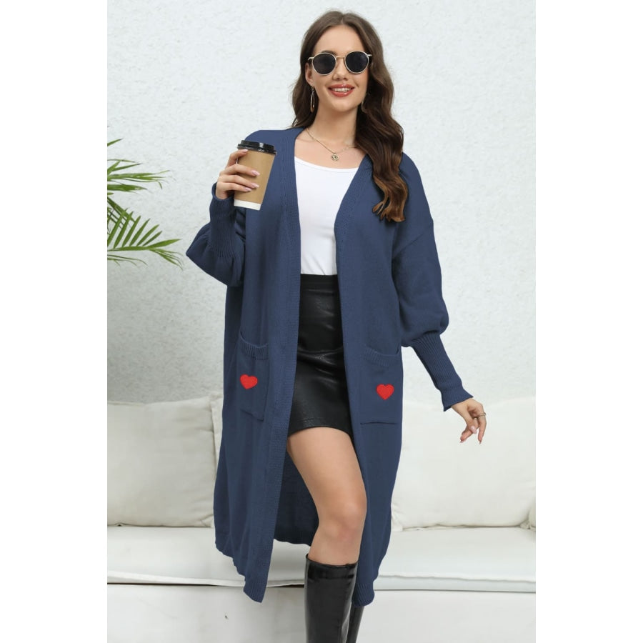 Lantern Sleeve Open Front Pocketed Cardigan Navy / One Size