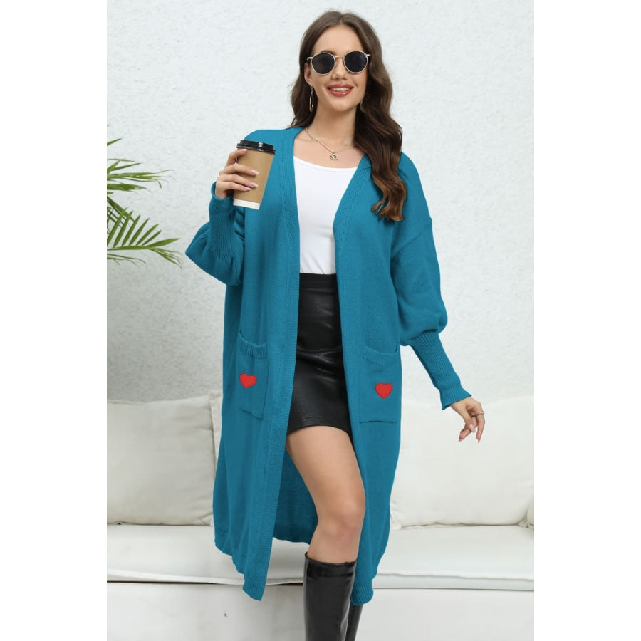 Lantern Sleeve Open Front Pocketed Cardigan Peacock Blue / One Size