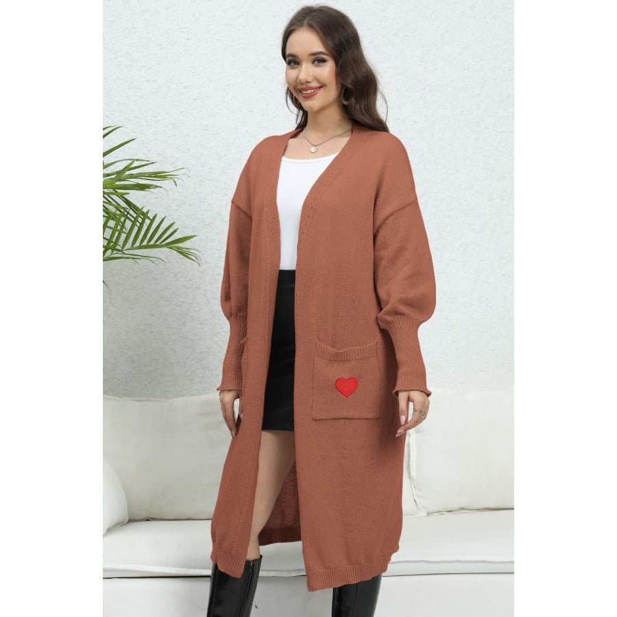 Lantern Sleeve Open Front Pocketed Cardigan