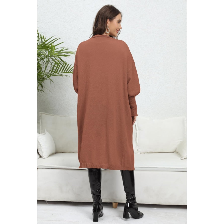 Lantern Sleeve Open Front Pocketed Cardigan