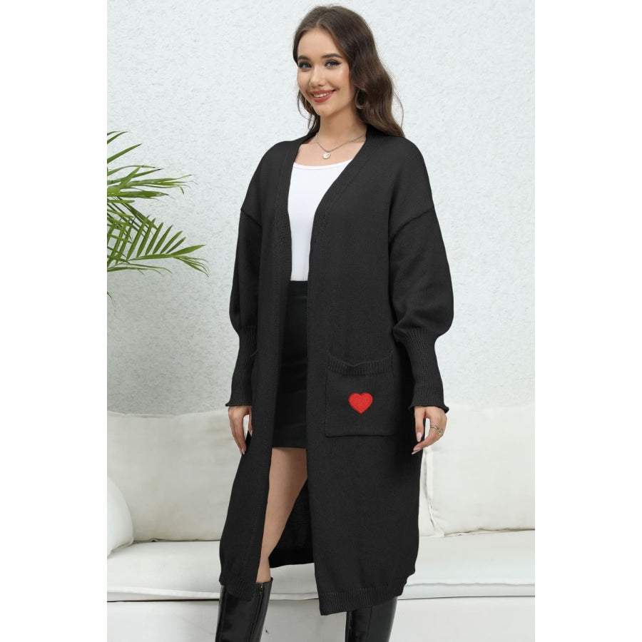 Lantern Sleeve Open Front Pocketed Cardigan