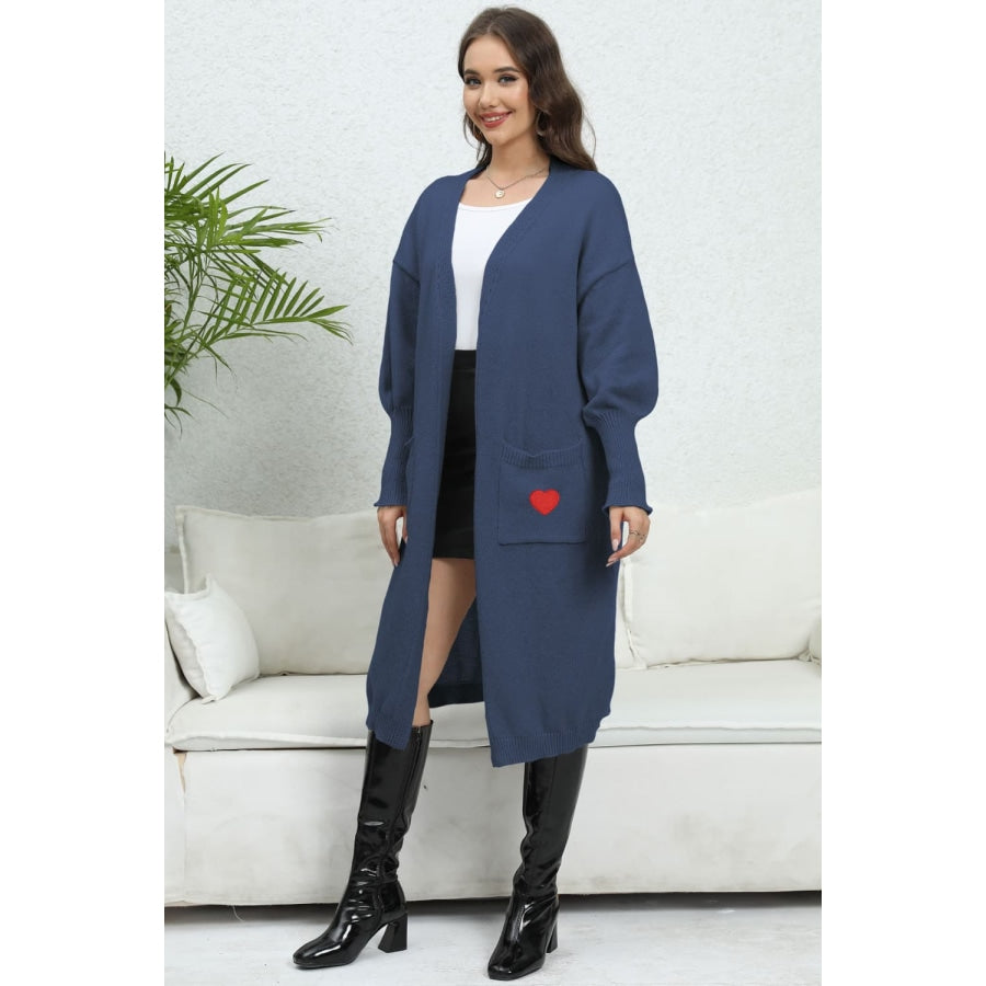 Lantern Sleeve Open Front Pocketed Cardigan