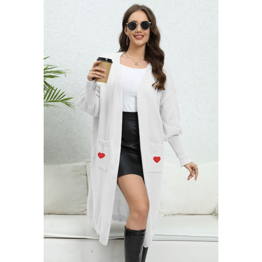 Lantern Sleeve Open Front Pocketed Cardigan White / One Size