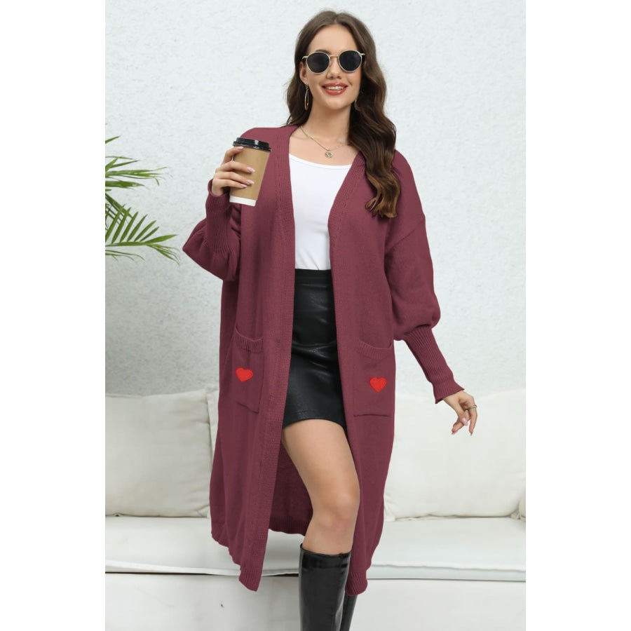 Lantern Sleeve Open Front Pocketed Cardigan Wine / One Size