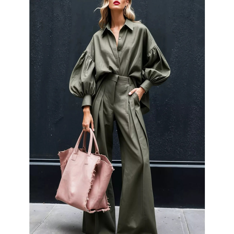 Lantern Sleeve Shirt and Wide Leg Pants Set Apparel and Accessories