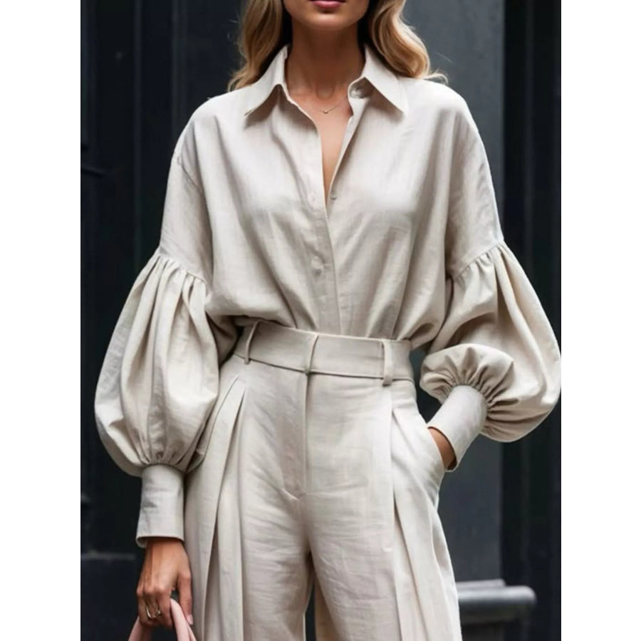 Lantern Sleeve Shirt and Wide Leg Pants Set Apparel and Accessories