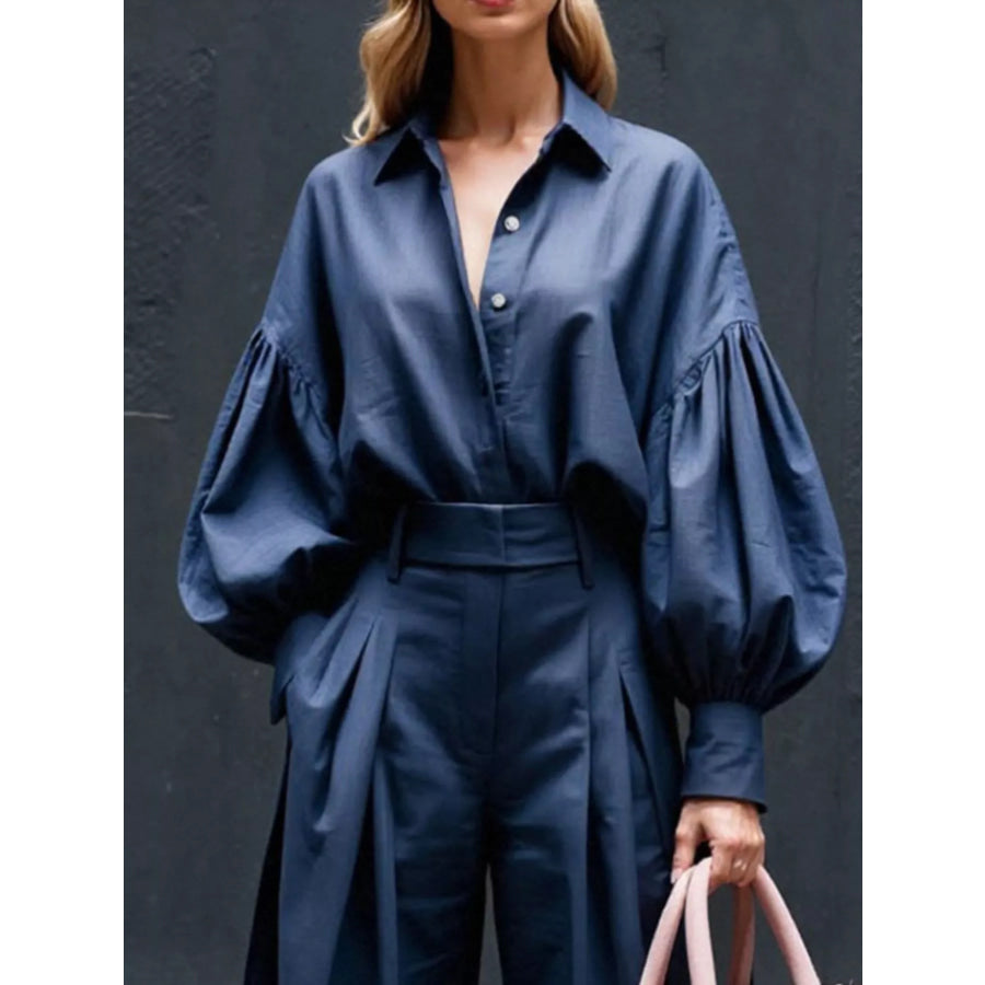 Lantern Sleeve Shirt and Wide Leg Pants Set Apparel and Accessories