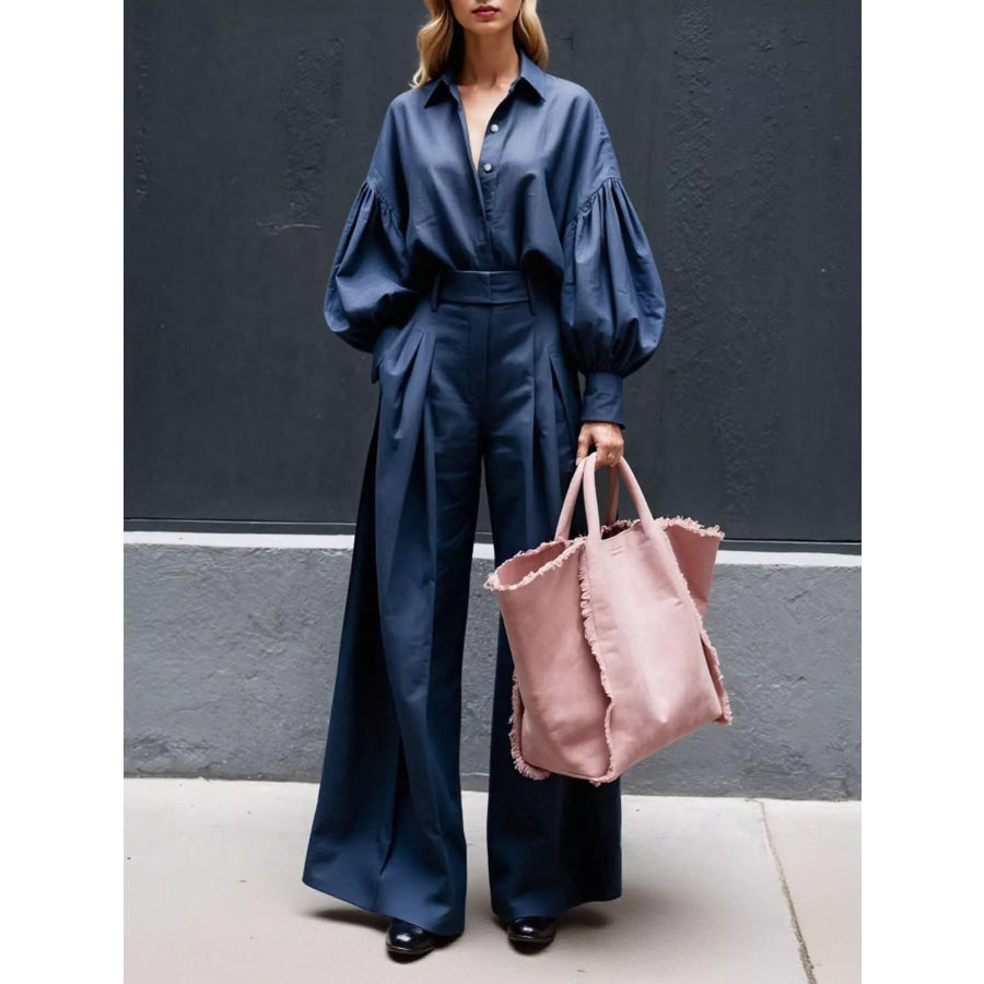 Lantern Sleeve Shirt and Wide Leg Pants Set Blue / S Apparel and Accessories