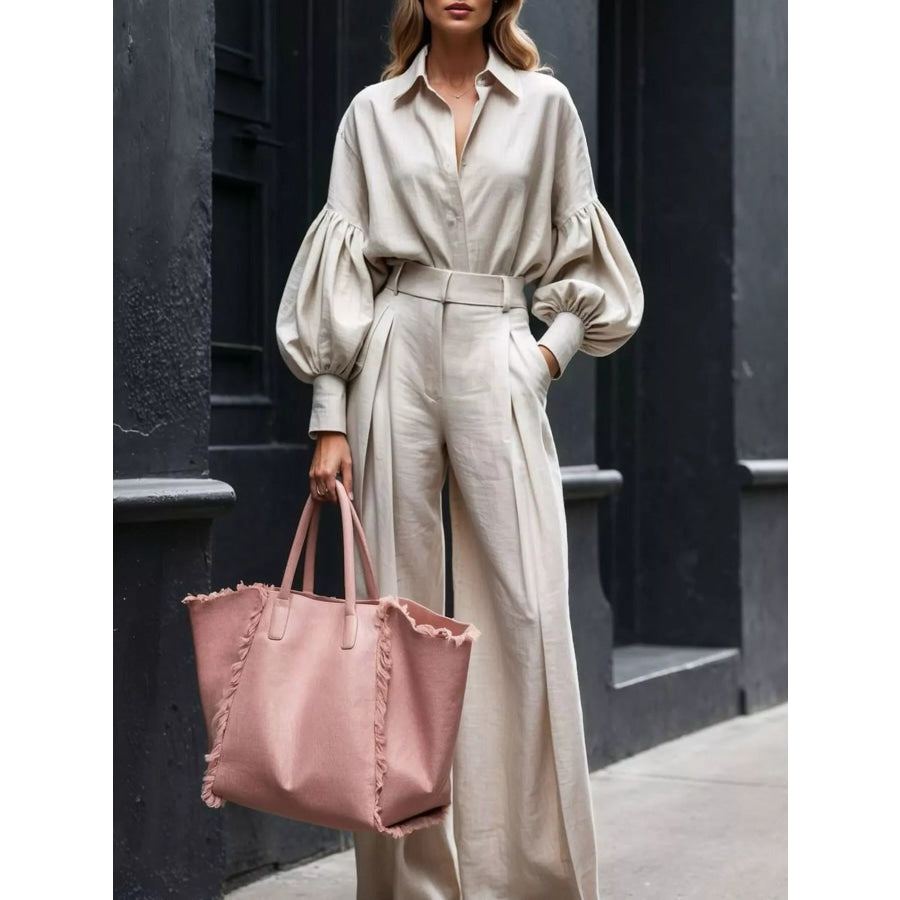 Lantern Sleeve Shirt and Wide Leg Pants Set Khaki / S Apparel and Accessories
