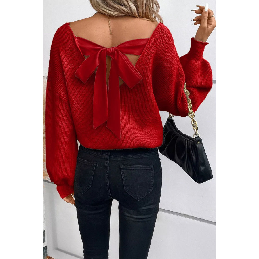 Lantern Sleeve V Neck Knot Back Sweater Burgundy / S Apparel and Accessories
