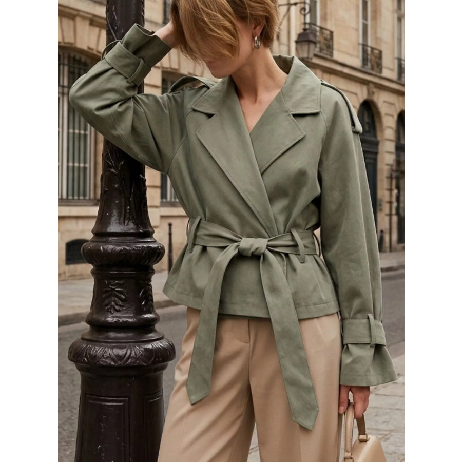 Lapel Collar Belted Cropped Trench Moss / S Apparel and Accessories