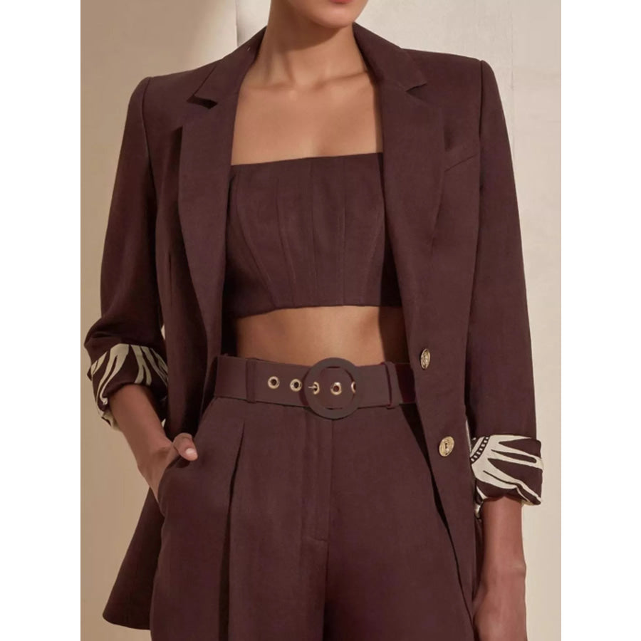 Lapel Collar Blazer and Wide Leg Pants Set Brown / S Apparel Accessories