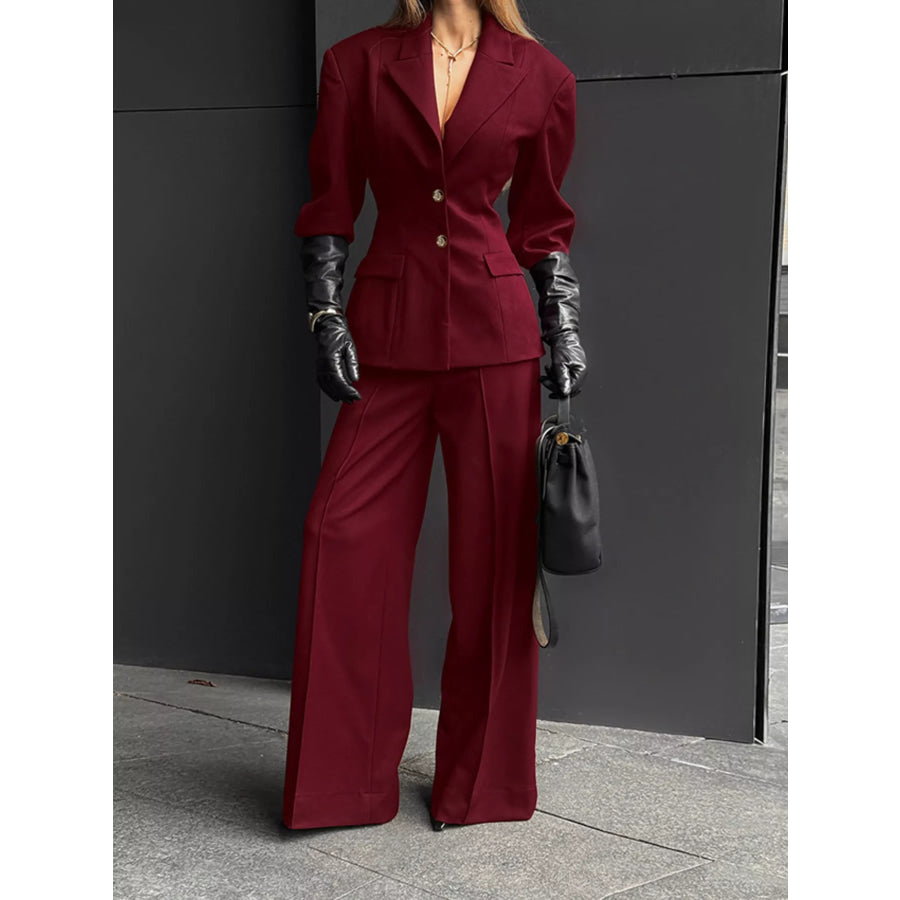 Lapel Collar Blazer and Wide-Leg Pants Set Apparel and Accessories