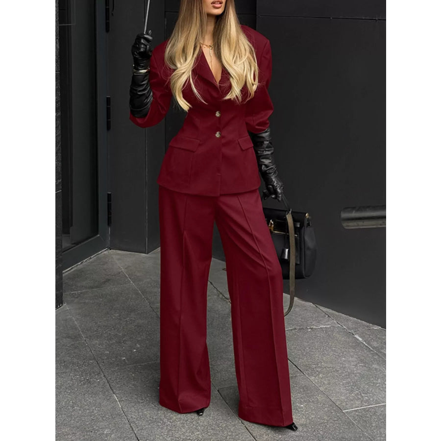 Lapel Collar Blazer and Wide-Leg Pants Set Apparel and Accessories