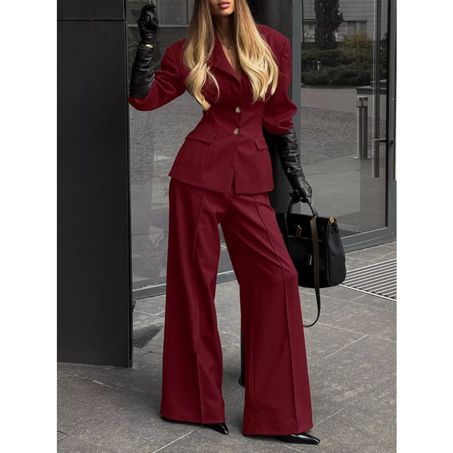 Lapel Collar Blazer and Wide-Leg Pants Set Apparel and Accessories