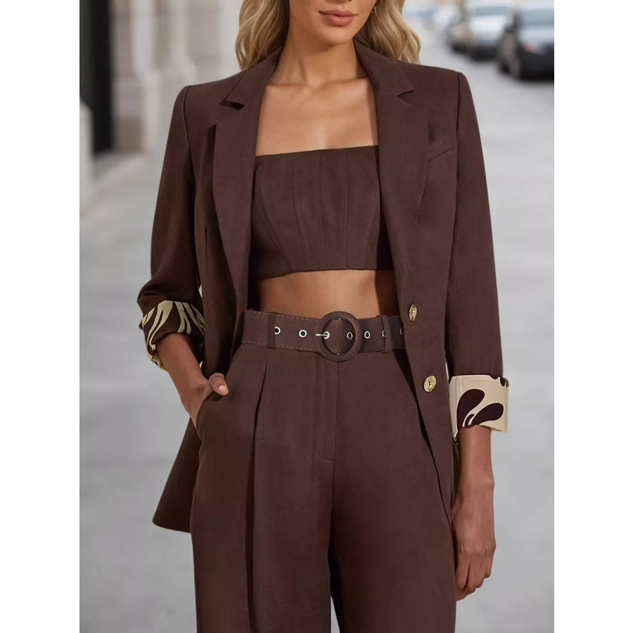 Lapel Collar Blazer and Wide Leg Pants Set Brown / S Apparel Accessories