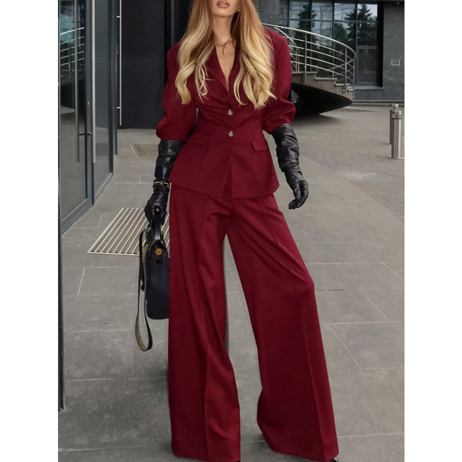 Lapel Collar Blazer and Wide-Leg Pants Set Wine Red / S Apparel and Accessories