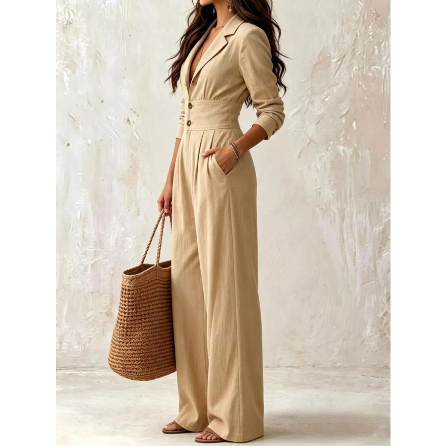 Lapel Collar Button Front Wide-Leg Jumpsuit Apparel and Accessories