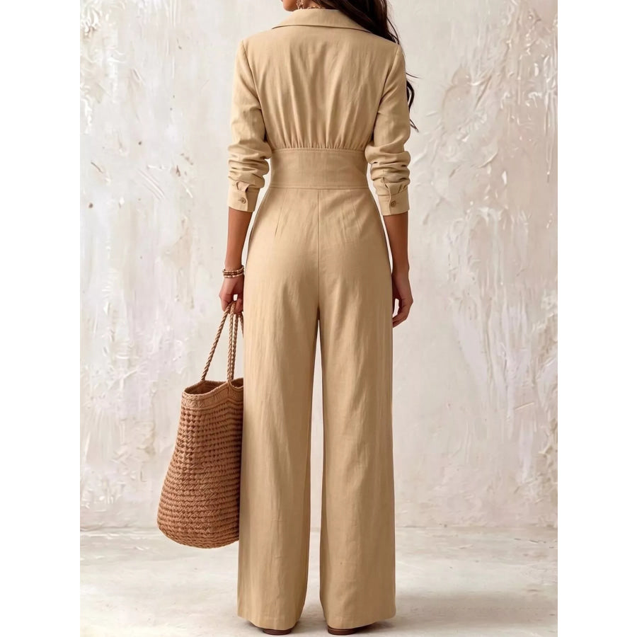 Lapel Collar Button Front Wide-Leg Jumpsuit Apparel and Accessories