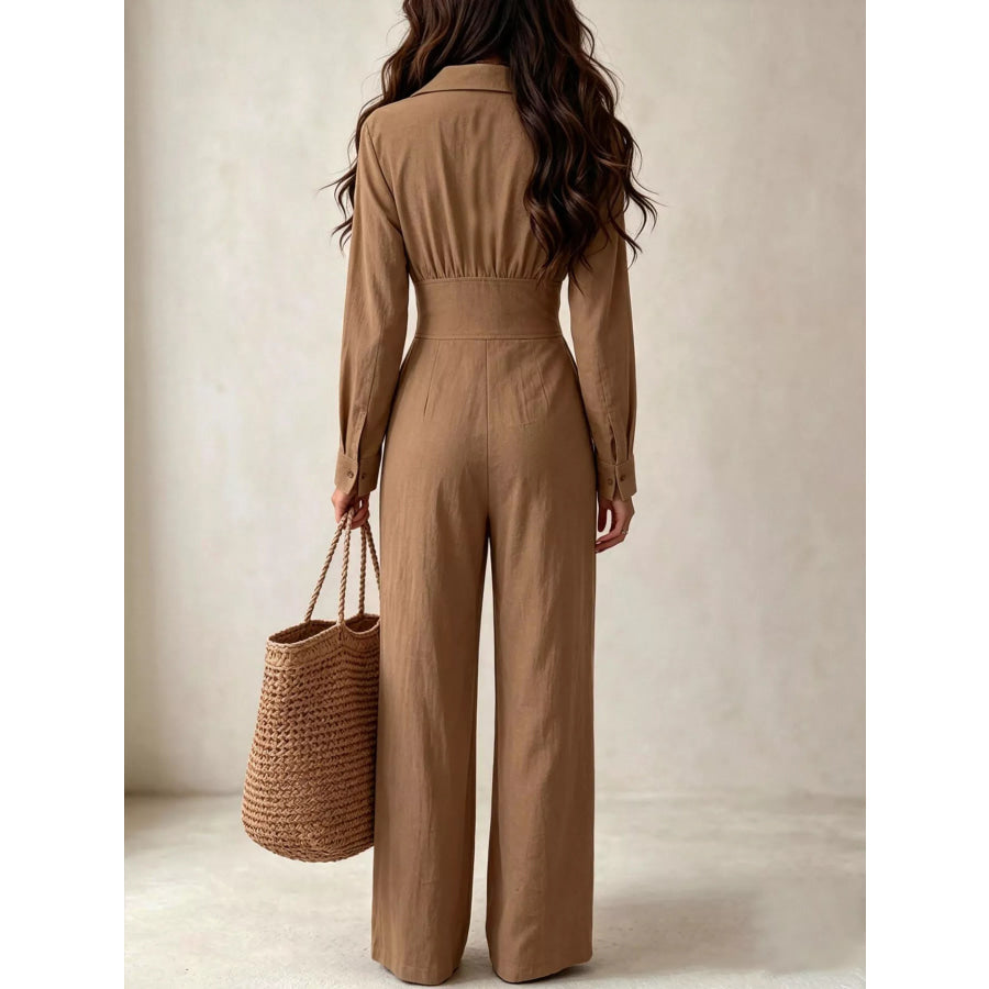 Lapel Collar Button Front Wide-Leg Jumpsuit Apparel and Accessories
