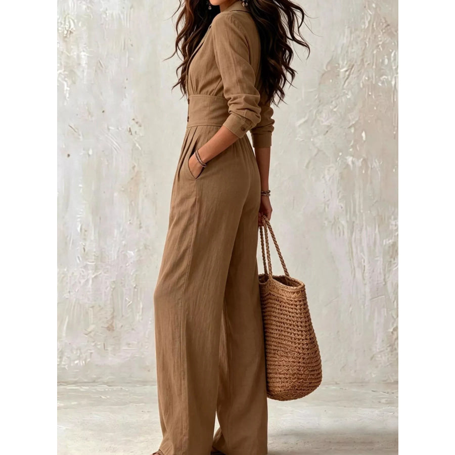 Lapel Collar Button Front Wide-Leg Jumpsuit Apparel and Accessories