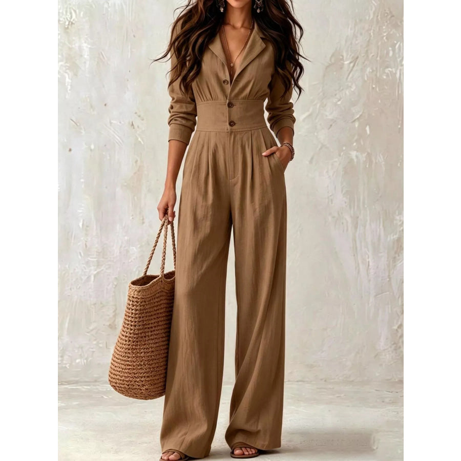 Lapel Collar Button Front Wide-Leg Jumpsuit Brown / S Apparel and Accessories