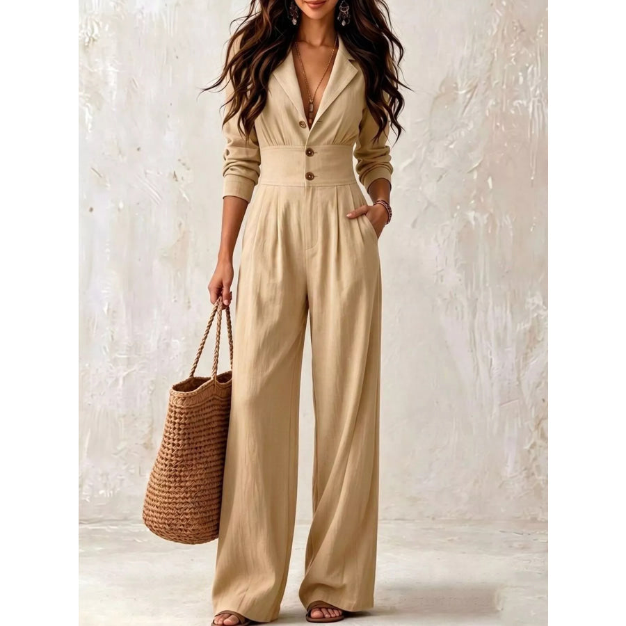 Lapel Collar Button Front Wide-Leg Jumpsuit Tan / S Apparel and Accessories