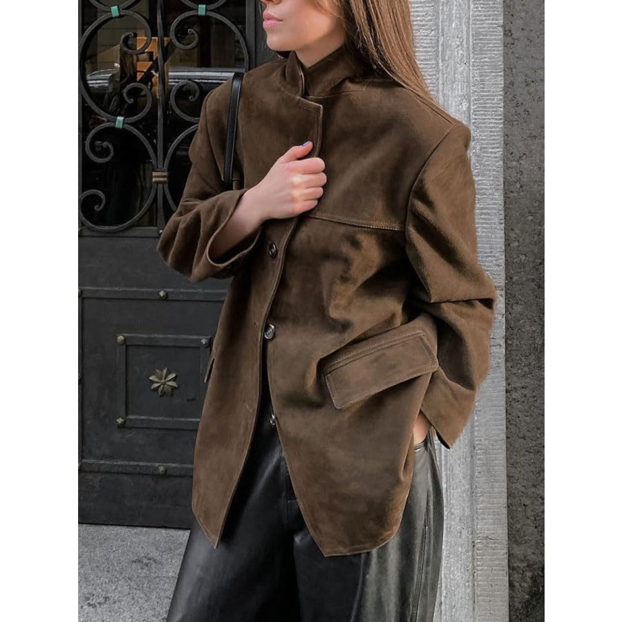 Lapel Collar Button Up Jacket Apparel and Accessories