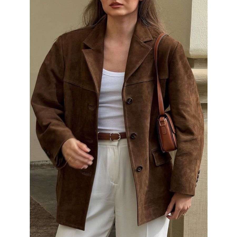 Lapel Collar Button Up Jacket Brown / S Apparel and Accessories