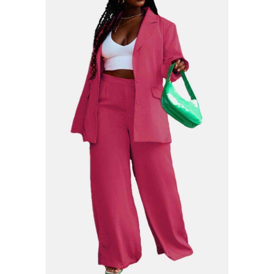 Lapel Collar Buttoned Blazer and Long Pants Set Strawberry / S