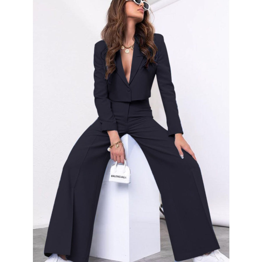 Lapel Collar Cropped Top and Wide Leg Pants Set Apparel and Accessories