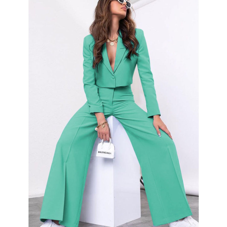 Lapel Collar Cropped Top and Wide Leg Pants Set Apparel and Accessories