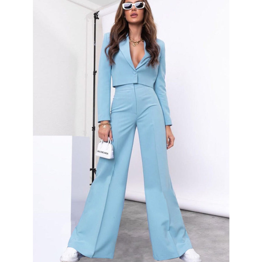 Lapel Collar Cropped Top and Wide Leg Pants Set Apparel and Accessories