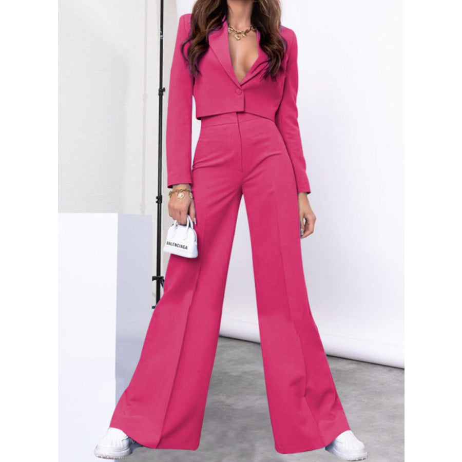 Lapel Collar Cropped Top and Wide Leg Pants Set Apparel and Accessories