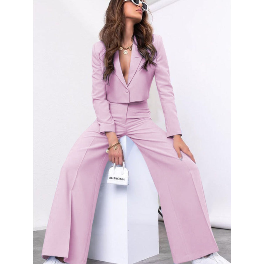 Lapel Collar Cropped Top and Wide Leg Pants Set Apparel and Accessories