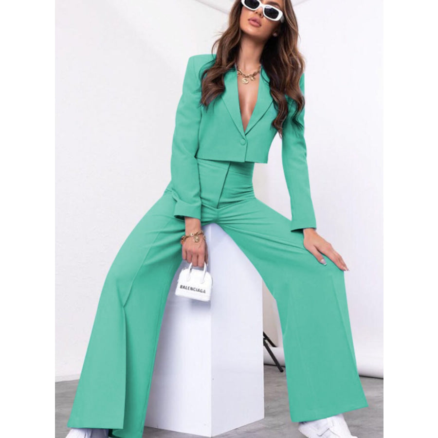 Lapel Collar Cropped Top and Wide Leg Pants Set Apparel and Accessories