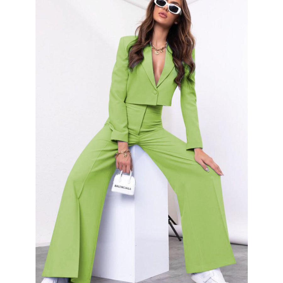 Lapel Collar Cropped Top and Wide Leg Pants Set Apparel and Accessories