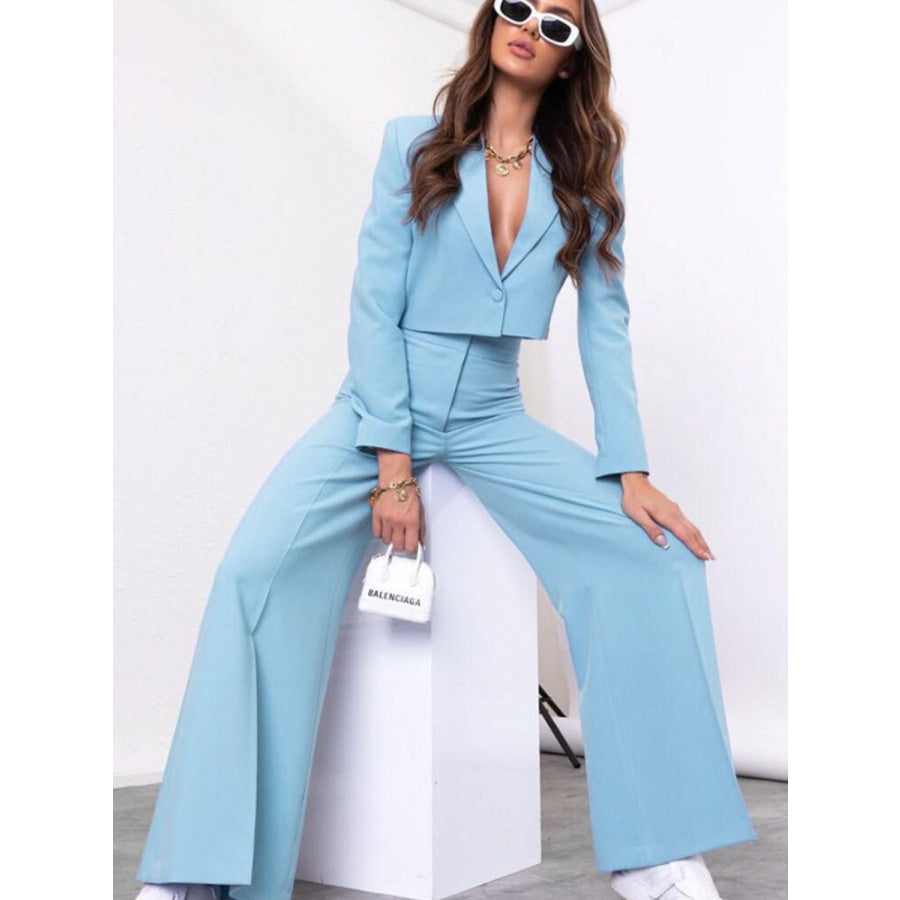 Lapel Collar Cropped Top and Wide Leg Pants Set Apparel and Accessories